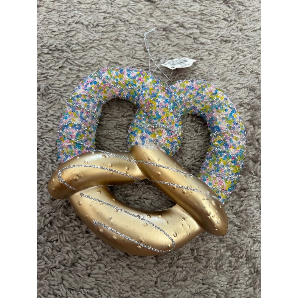 Holiday Time Gold Beaded Pretzel Christmas Ornament Multi Color Pastel Glitter